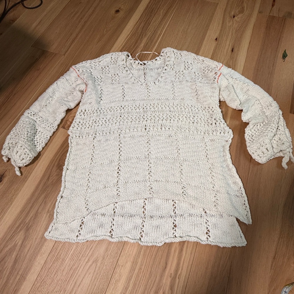 Free People Crochet Sweater Womens S White Boho Side Slit Orange Trim Tie Sleeve